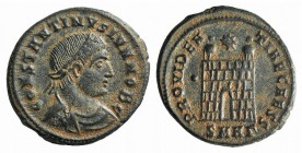 Constantine II (Caesar, 316-337). Æ Follis (17mm, 2.91g, 6h). Heraclea, 327-9. Laureate, draped and cuirassed bust r. R/ Camp-gate; star above; •SMHΓ....