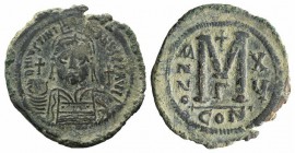 Justinian I (527-565). Æ 40 Nummi (40mm, 23.37g, 7h). Constantinople, year 15 (541/2). Diademed, draped and cuirassed bust r. R/ Large M flanked by tw...