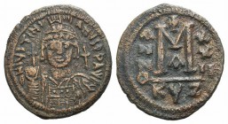 Justinian I (527-565). Æ 40 Nummi (37mm, 18.48g, 6h). Cyzicus, year 22 (548/9). Diademed, helmeted and cuirassed bust facing, holding globus cruciger;...
