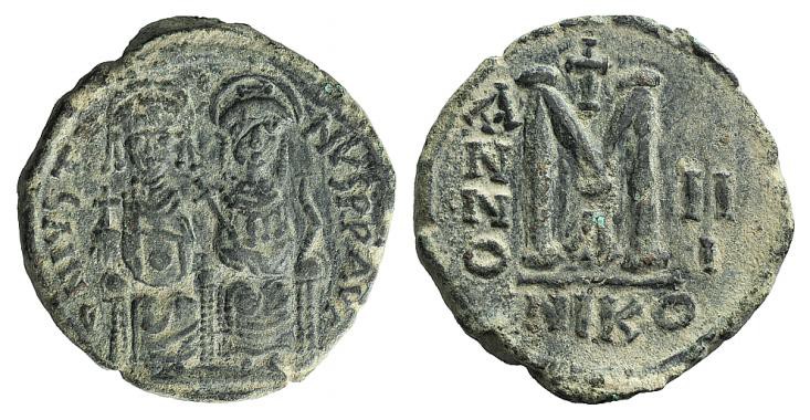 Justin II and Sophia (565-578). Æ 40 Nummi (28mm, 14.43g, 6h). Nicomedia, year 3...