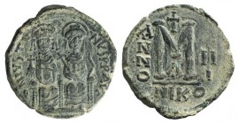 Justin II and Sophia (565-578). Æ 40 Nummi (28mm, 14.43g, 6h). Nicomedia, year 3 (567/8). Crowned and cuirassed bust facing, holding cross on globe an...