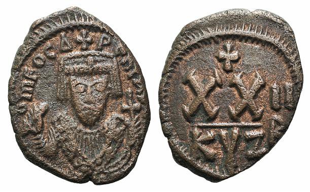 Phocas (602-610). Æ 20 Nummi (22mm, 4.81g, 6h). Cyzicus, year 2 (603/4). Crowned...