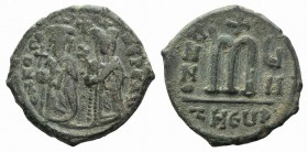 Phocas (602-610). Æ 40 Nummi (27mm, 10.65g, 12h). Theoupolis (Antioch), year 7 (608/9). Phocas and Leontia standing facing, the Emperor holding globus...