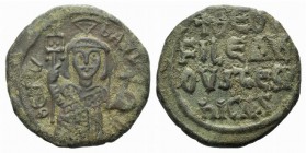 Theophilus (829-842). Æ 40 Nummi (26mm, 8.48g, 6h). Constantinople, 830/1-842. Crowned half-length figure facing, wearing loros, labarum holding globu...