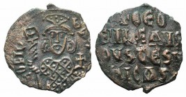 Theophilus (829-842). Æ 40 Nummi (27mm, 4.44g, 6h). Constantinople, 830/1-842. Crowned half-length figure facing, wearing loros, labarum holding globu...