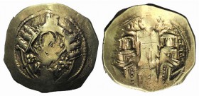 Andronicus II Palaeologus and Michael IX (1282-1328). AV Hyperpyron (25mm, 4.05g, 6h). Constantinople, c. 1294-1303. Half-length figure of the Theotok...