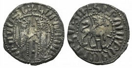 Cilician Armenia, Hetoum I and Zabel (1226-1270). AR Tram (21mm, 2.77g, 1h). Zabel and Hetoum standing facing, holding long cross between them. R/ Lio...