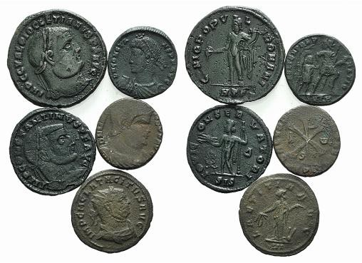 Lot of 5 Roman Imperial coins, including Tacitus Antoninianus, Diocletian Follis...