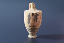 Boeotian black-figure Lekythos with five draped youths with spears. Circa 520 - 500 BC. (150 x 78.6mm). Mouth, neck and serious flakes of the colour m...