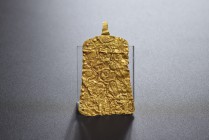 Gold foil, depicting a facing figure and a king knelling l. Eastern Mediterranean, 3rd-2nd cent. BC. AV (2.5g). Pierced and broken suspension loop.