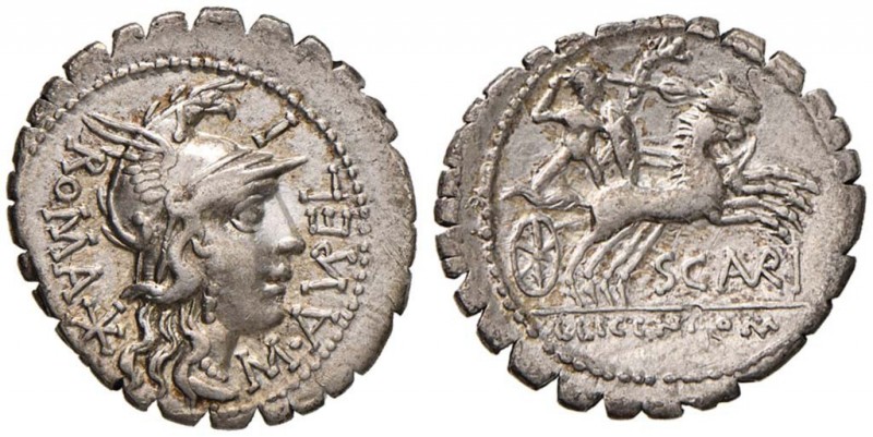 Aurelia – M. Aurelius Scaurus - Denario (118 a.C.) Testa di Roma a d. - R/ Bitui...