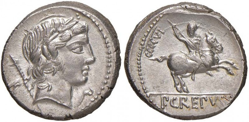 Crepusia – Pub. Crepusius - Denario (82 a.C.) Testa di Apollo a d. - R/ Cavalier...