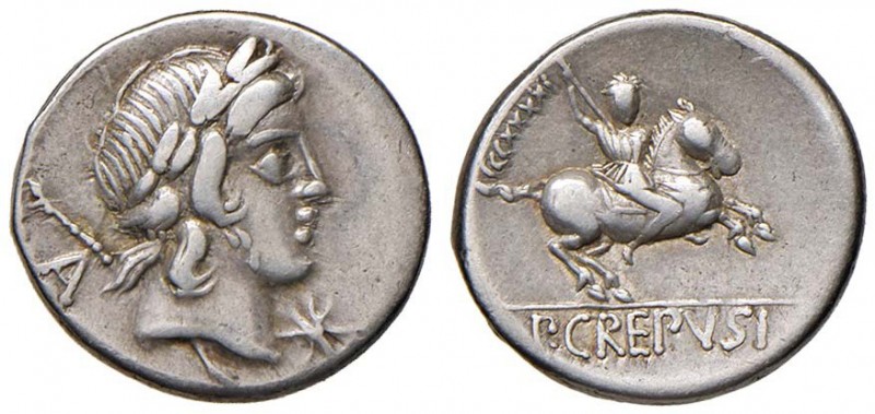 Crepusia – Pub. Crepusius – Denario (82 a.C.) Testa di Apollo a d. – R/ Cavalier...