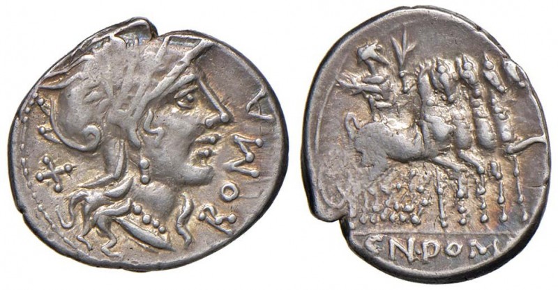 Domitia – Cn. Domitius – Denario (189-180 a.C.) Testa di Roma a d. – R/ Giove su...