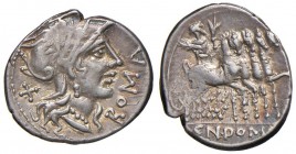 Domitia – Cn. Domitius – Denario (189-180 a.C.) Testa di Roma a d. – R/ Giove su quadriga a d. – B. 7; Cr. 285/1 AG (g 3,92) Bella patina
BB
