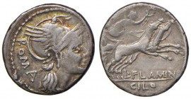 Flaminia – L. Flaminius Chilo – Denario (109-108 a.C.) Testa di Roma a d. – R/ La Vittoria su biga a d. – B.1; Cr. 302/1 AG (g 4,01)
qBB