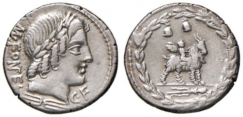 Fonteia – Mn. Fonteius C. f. – Denario (85 a.C.) Testa di Apollo a d., davanti, ...