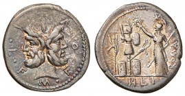 Furia – M. Furius L. f. Philus - Denario (119 a.C.) Testa di Giano - R/ Roma stante a s. incorona un trofeo – B. 18; Cr. 281/1 AG (g 3,92) Bella patin...