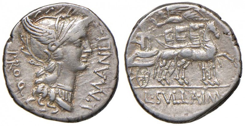 Manlia – L. Manlius Torquatus – Denario (82 a.C.) Busto di Roma a d. – R/ Sulla ...