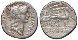 Manlia – L. Manlius Torquatus – Denario (82 a.C.) Busto di Roma a d. – R/ Sulla su quadriga a d. – B. 4; Cr. 367/5 AG (g 3,91) 
BB