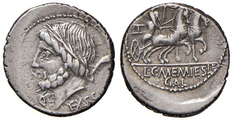 Memmia – L. Memmius Galeria – Denario (106 a.C.) Testa di Saturno a s. – R/ Vene...