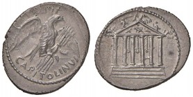 Petillia – Petillius Capitolinus - Denario (43 a.C.) Tempio a sei colonne con lettere S F al fianco – R/ Aquila ad ali spiegate – B. 3; Cr. 487/2b AG ...