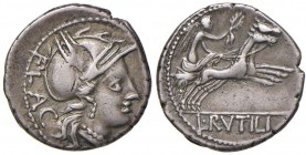 Rutilia – L. Rutilius Flaccus – Denario (77 a.C.) Testa di Roma a d. – R/ La Vittoria su biga a d. – B1; Cr. 387/1 AG (g 3,82) Graffio al D/
BB...