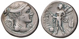 Valeria – L. Valerius Flaccus – Denario (108-107 a.C.) Busto della Vittoria a d. – R/ Marte andante a s. – B. 11; Cr. 306/1 AG (g 3,83) Contromarca al...