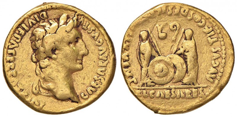 Augusto (27 a.C.-14 d.C.) Aureo - Busto laureato a d. - R/ Gaio e Lucio stanti d...