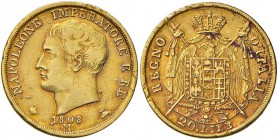 MILANO Napoleone (1805-1814) 20 Lire 1808 puntali aguzzi – Gig. 84 AU (g 6,43) Patina rossiccia, macchie al R/
BB/BB+