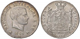 MILANO Napoleone (1805-1814) 5 Lire 1809 bordo in rilievo – Gig. 100 AG (g 24,99) Graffietti al D/
BB/qSPL