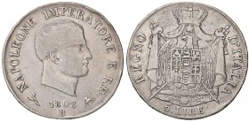 BOLOGNA Napoleone (1805-1814) 5 Lire 1808 bordo in rilievo – Gig. 96 AG (g 24,71) RR Colpi e graffi
MB+