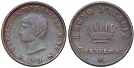 MILANO Napoleone (1805-1814) 3 Centesimi 1811 – Gig. 228 CU (g 6,00) In lotto con 3 Centesimi 1812. Lotto di due monete 
MB/MB+
