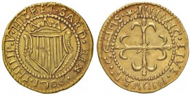 CAGLIARI Filippo V (1700-1719) Scudo d’oro 1703 – MIR 93/3 AU (g 3,21) Ex NAC 69, lotto 556. Piccola screpolatura sullo stemma al D/ 
SPL