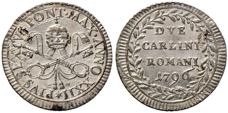 Pio VI (1774-1799) 2 Carlini 1796 A. XXII – Munt. 81 MI (g 4,18) Splendido esemp...