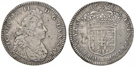 Vittorio Amedeo II (1680-1713) Lira 1690 – MIR 863a MI (g 5,86) Graffi e colpi, ondulazione del tondello
BB