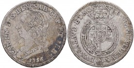 Carlo Emanuele III (1730-1773) Quarto di scudo 1756 – Nomisma 178 AG (g 8,55) Graffietti al D/. Modeste macchie
BB