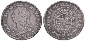 Carlo Emanuele III (1730-1773) Ottavo di scudo 1756 – Nomisma 196; MIR 949b AG (g 4,28) R 
MB