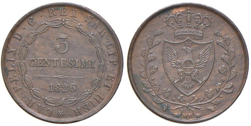 Carlo Felice (1821-1831) 3 Centesimi 1826 T – Nomisma 618 CU 
SPL/SPL+