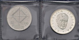 REPUBBLICA ITALIANA 100 Lire 1974 Marconi Prova in argento – AG Nella confezione della Zecca insieme al valore normale in acmonital
FDC