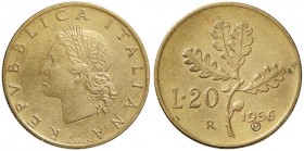 REPUBBLICA ITALIANA 20 Lire 1956 P in incuso &ndash; Mont. 3 BA (g 3,58) RR Modeste macchie al R/
SPL+