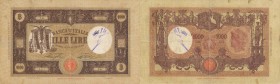 Banca d’Italia – 1.000 Lire 21/06/1928 E61 3457 – Gig. BI 43F RR Pieghe e restauri, due forellini e strappi, scritte a pastello
MB