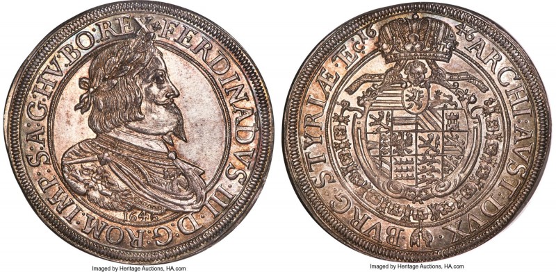 Ferdinand III Taler 1646 MS64 NGC, Graz mint, KM920, Dav-3189. Profoundly lustro...