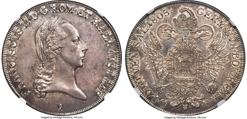 Franz II (I) Taler 1805-A MS63 NGC, Vienna mint, KM2159, Dav-4. A shimmering off...