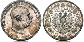 Franz Joseph I 5 Corona 1909 MS65 Prooflike NGC, Vienna mint, KM2813, Dav-37. A top representative of this type, rarely seen so fine, nor with such st...