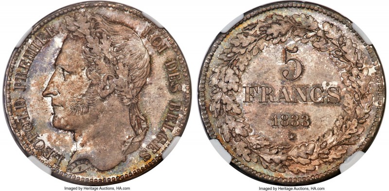 Leopold I 5 Francs 1833 MS67 NGC, Brussels mint, KM3.1, Dav-50, Dupriez-27. Posi...