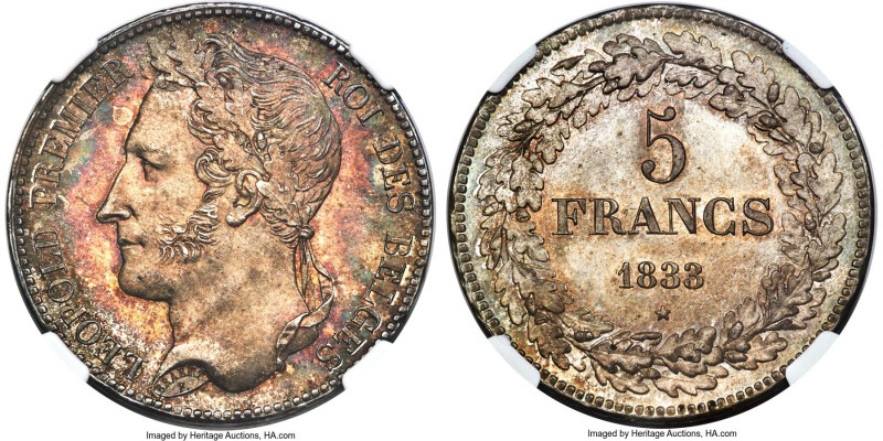Leopold I 5 Francs 1833 MS66 NGC, Brussels mint, KM3.1, Dav-50. Position B varie...