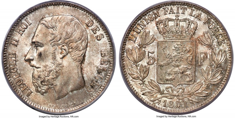 Leopold II 5 Francs 1869 MS66 PCGS, Brussels mint, KM24. Truly excellent for the...