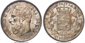 Leopold II 5 Francs 1869 MS66 PCGS, Brussels mint, KM24. Truly excellent for the type, with only the lightest traces of contact evident over carefully...