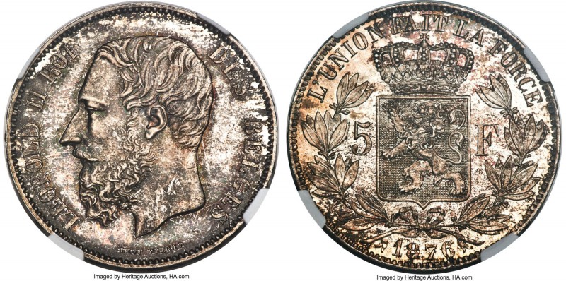 Leopold II 5 Francs 1876 MS65 NGC, Brussels mint, KM24, Dav-53. Admirably preser...